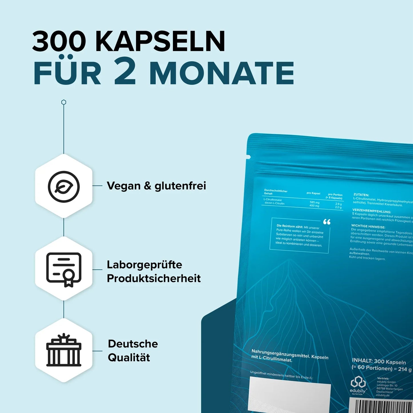 edubily® PURE Citrullin-Malat Kapseln | 300 Kapseln