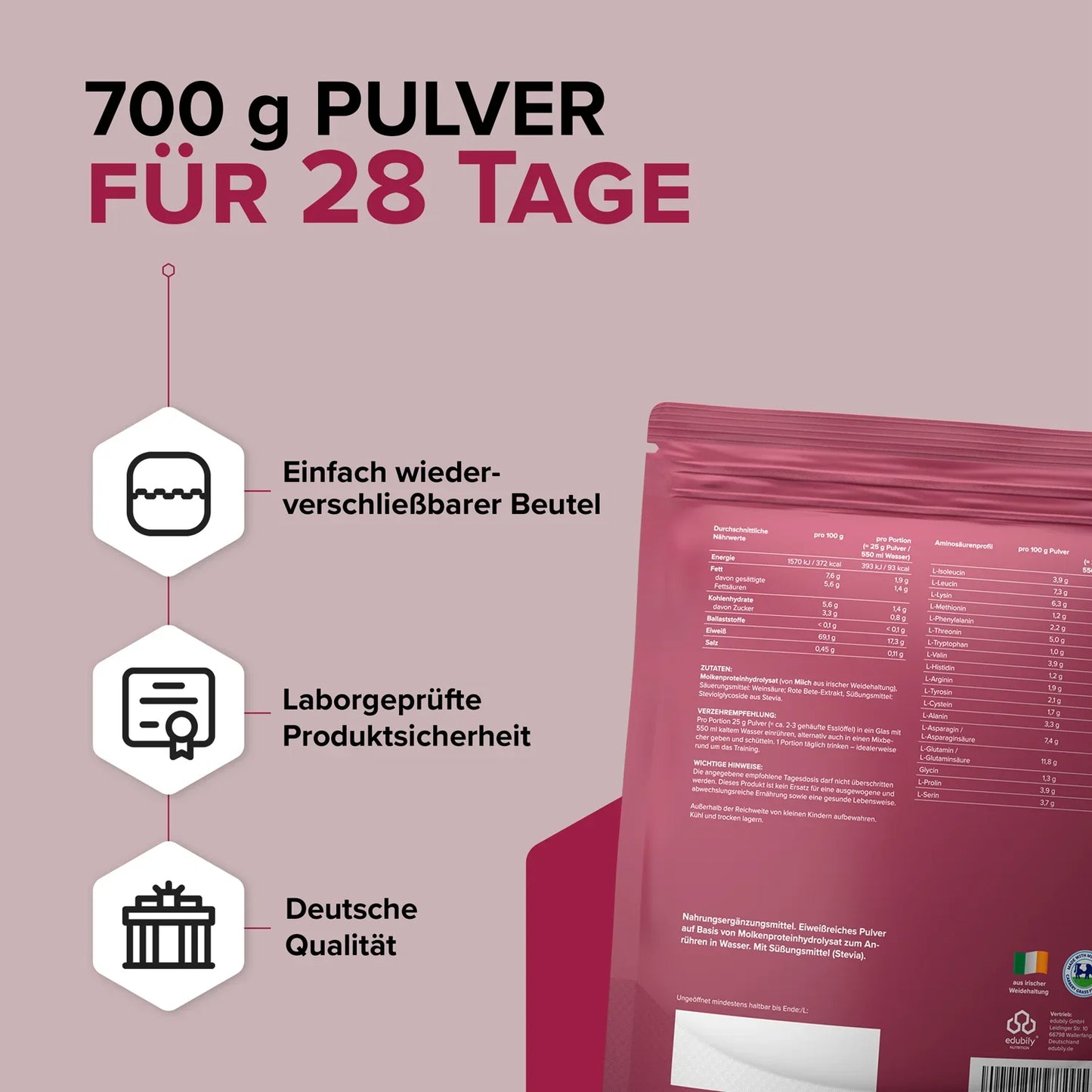 edubily® Whey-Hydrolysat Pulver aus Weidemilch | 700g